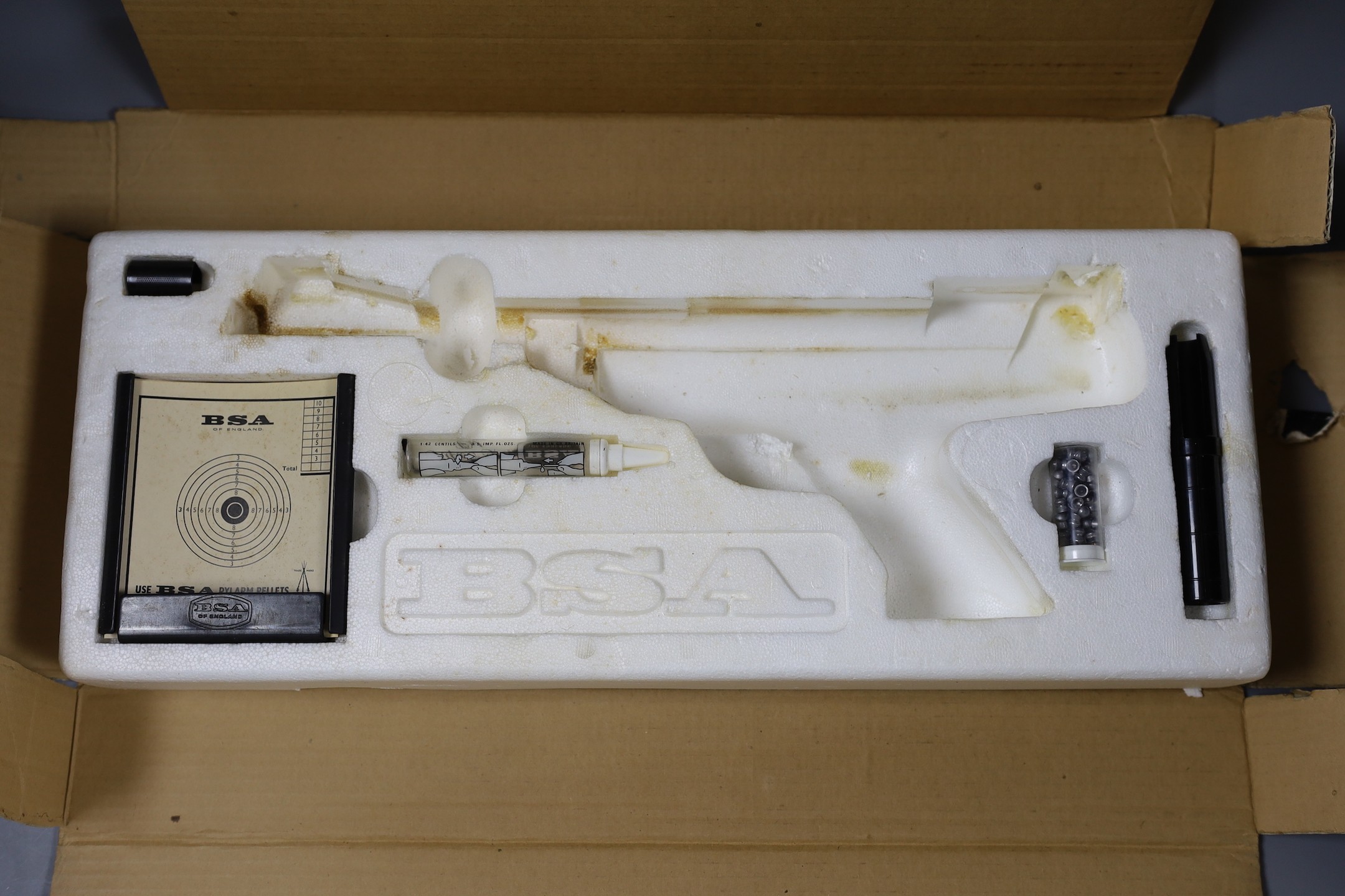 A BSA scorpion air gun with box, pellets, target etc.